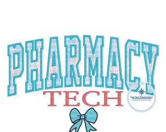Pharmacy Tech gebogen met strik appliqué borduurwerk satijnsteekontwerp Drie maten: 6 x 10, 7 x 12 en 8 x 12 borduurringen