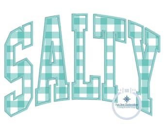May include: A blue and white gingham pattern in the shape of the word "SALTY" with a white outline. The word is in a bold, blocky font.