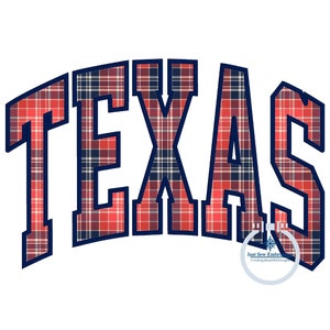 May include: Red and blue plaid "TEXAS" text in a bold, arched font with a navy blue outline. The text is on a white background.