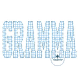 May include: Blue and white gingham "GRAMMA" embroidery design with a snowflake logo for Just Sew Embroidery.