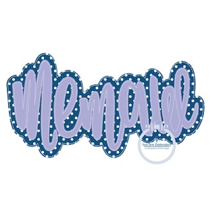 May include: A blue and purple embroidered design of the word "Mermaid" with white polka dots. The design includes the text "Just Sew Embroidery Creating Beautiful Designs".