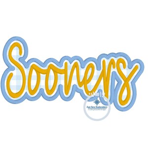 May include: Embroidered design of the word "Sooners" in yellow script with a blue outline and a gingham pattern inside. The design is outlined in blue and has a wavy edge.
