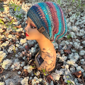 Hand Crocheted Dreadlock Tam, Jumbo Slouchy Hat, Deep Ocean Yarn, Boho Festival Wear