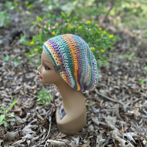 Handmade dreadlock tam, crocheted yellow green purple mint large slouchy hat, boho hippie y2k aesthetic, soft yarn, festival wear dreads