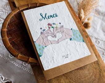 carte à planter Merci coeur avec les doigts