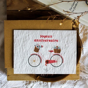 Carte à planter double joyeux anniversaire, vélo rose fleuri, carte avec semences, carte fleurs, cadeau départ en retraite