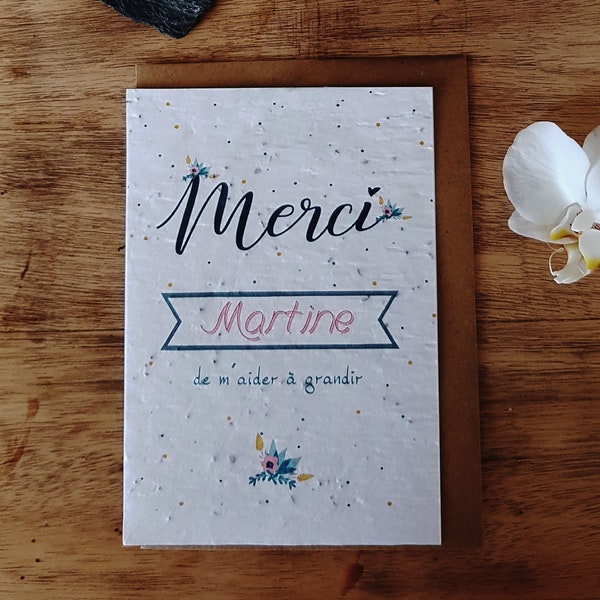 Carte à planter double,Merci de m'aider à grandir, personnalisable avec un prénom, carte nounou, crèche, maitresse, Atsem, Avs.