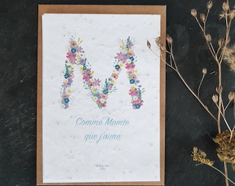 carte à planter M comme Mamie que j'aime avec semences, papier avec fleurs des champs carte message.