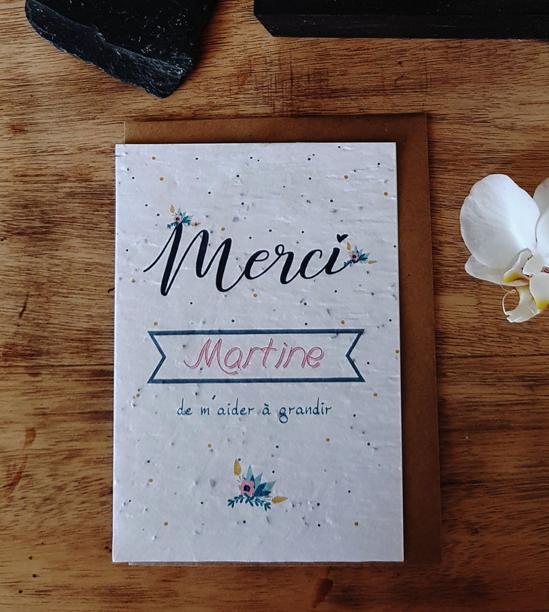 Carte à planter double,Merci de m'aider à grandir, personnalisable avec un prénom, carte nounou, crèche, maitresse, Atsem, Avs. image 1