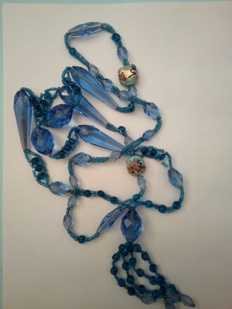 1930s long two tone blue crystal glass beads with 2 Venetian wedding cake beads.