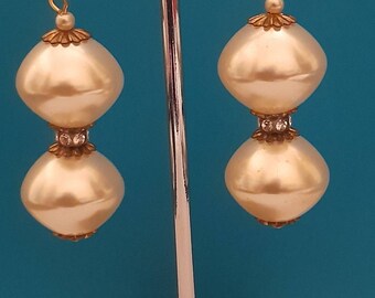 Big double faux Pearl's drop pierced earrings with gold tone diamonti rondels
