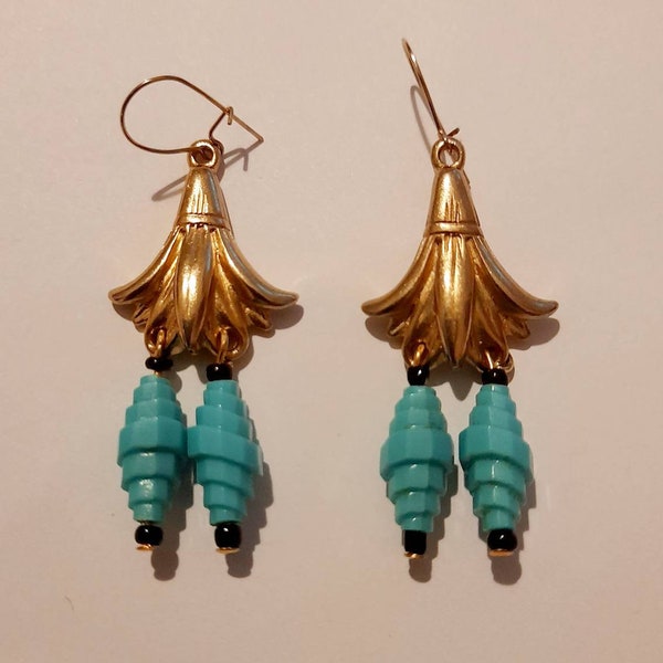 Antique gold tone pierced earrings, stylized lotus flowers with turquoise coloured textured bead drops