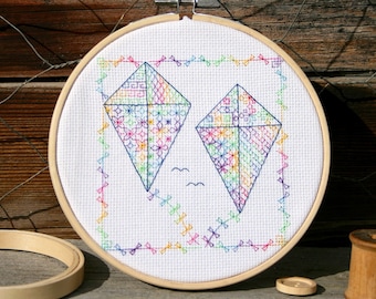 Colourful Blackwork Kites | Card or Hoop Art | Stitch with one variegated floss for all of these colours! | DIY embroidery pattern | PDF