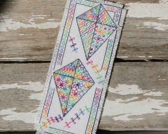 Colourful Blackwork Kites bookmark | Stitch with one variegated floss for all of these colours! | DIY embroidery pattern | PDF file