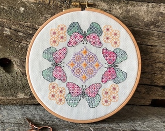 Botanical Butterflies | Blackwork Hoop Art | Brightly Coloured butterflies and blossoms | Downloadable PDF | DIY Pattern