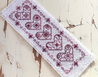 Flowery Hearts Blackwork bookmark pattern ~ DIY pattern ~ Downloadable PDF