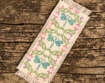 Blackwork Dragonfly bookmark | Flutterby Garden | DIY embroidery pattern in colourful blackwork | Downloadable PDF