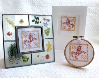 Blackwork Celtic Horses - card or hoop art with a knot work border. Colourful, modern blackwork. DIY Pattern Downloadable PDF