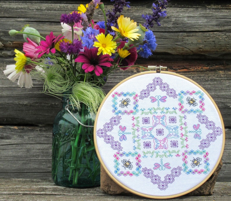 Blackwork Garden Mandela Flutterby Garden Bumble Bee, Dragonfly, Butterfly Hoop Art DIY Pattern Downloadable PDF. image 1