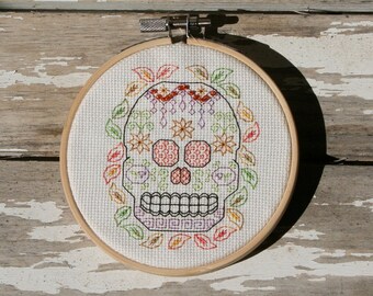 Blackwork Sugar Skull Hoop Art | Autumn Sugar Skull | DIY pattern - download the PDF and start stitching today!