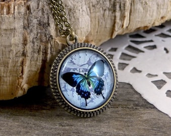 Blue butterfly necklace, Glass butterfly pendant, Vintage butterfly jewelry, Nature jewelry, Blue jewelry, Butterfly lover gift WJ 006