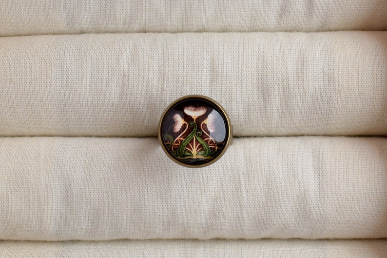 Floral Art nouveau ring Glass dome jewelry Adjustable ring Dainty ring Gift for her AJ 040 Vintage style jewelry Glass ring Brown ring