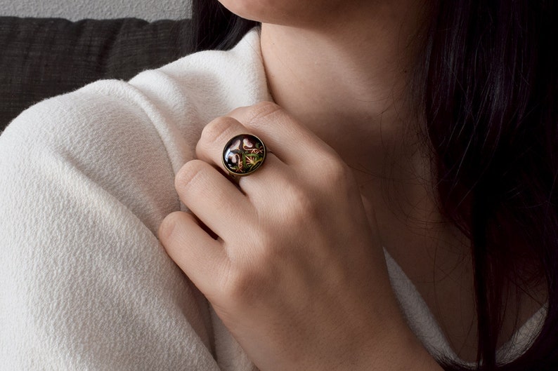Floral Art nouveau ring Glass dome jewelry Adjustable ring Dainty ring Gift for her AJ 040 Vintage style jewelry Glass ring Brown ring
