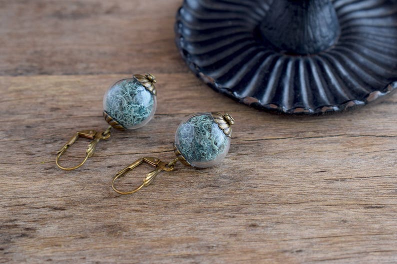 Blue greenish earrings Terrarium jewelry Moss dangle earrings Teal moss jewelry Glass orb earrings Real nature earrings Plant jewelry
