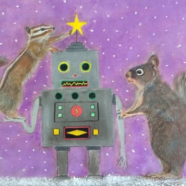 Douglas Squirrel, Chipmunk and Robot holiday cards - set of 5 cards with envelopes - Northwest wildlife - scifi - Christmas