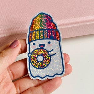 Glitter Rainbow Beanie Ghost with Donut Sticker // Laptop Sticker, Decal, Vinyl Macbook Sticker, Food, Kawaii, Spooky // Bumbleanddee