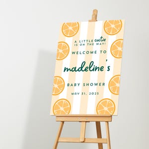 A Little Cutie Baby Shower Welcome Sign Template | A Little Cutie is on the Way | Cutie Orange Baby Shower Theme | Canva Template Download