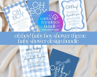 Plantillas de invitaciones para baby shower de niño con estampado de cuadros azules (descarga digital)