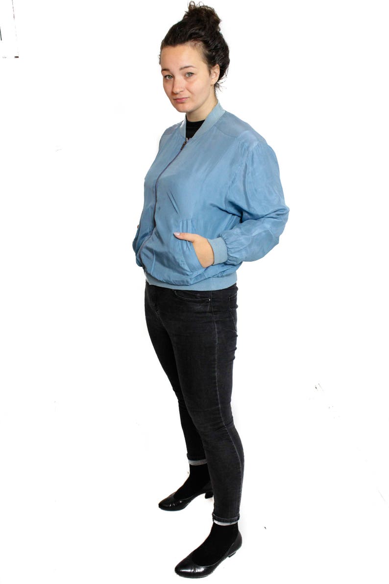 Vintage Silk bomber jacket Zip up 80s Blue silk jacket Size Medium to Large