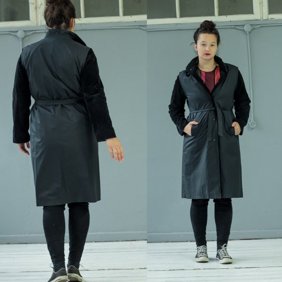 Black Trench coat women, Vintage Corduroy coat, Wo