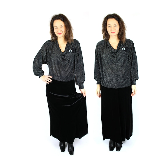 Vintage Lurex Shirt, Black Metallic Blouse , 80s d