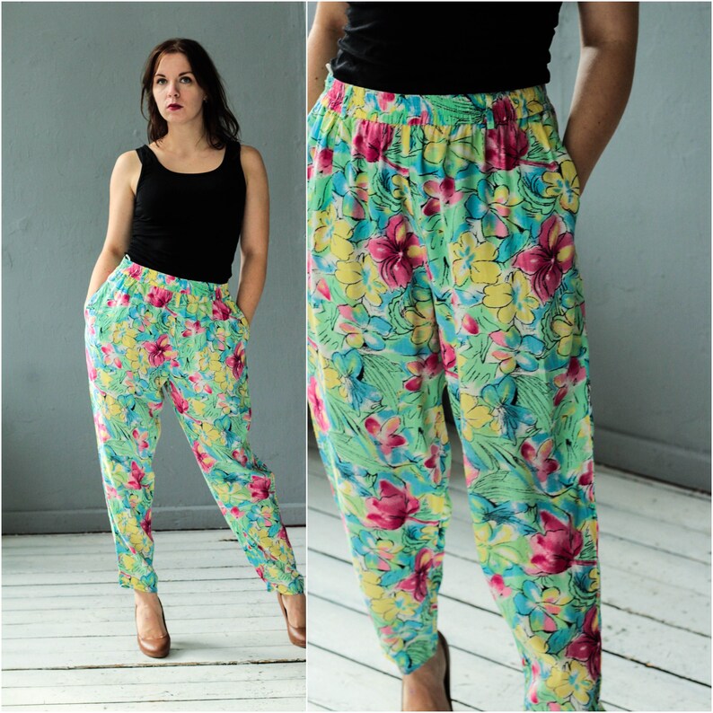 Flower print trousers Floral pants Colorful joggers Size Medium