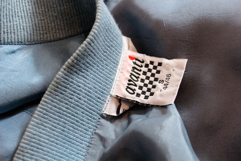 Vintage Silk bomber jacket Zip up 80s Blue silk jacket Size Medium to Large