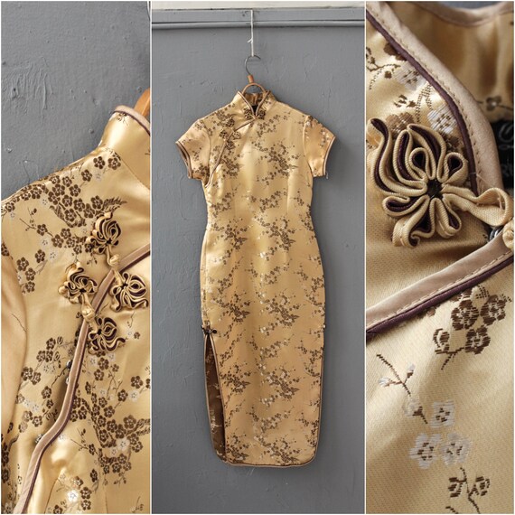Yellow Oriental print dress, Gold Chinese pattern
