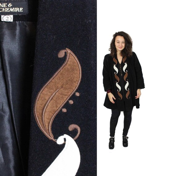 Black Minimalistic coat, Wool Swirl coat, Emroider