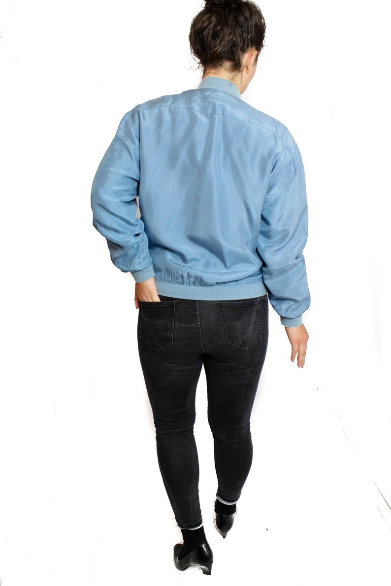 Vintage Silk bomber jacket Zip up 80s Blue silk jacket Size Medium to Large