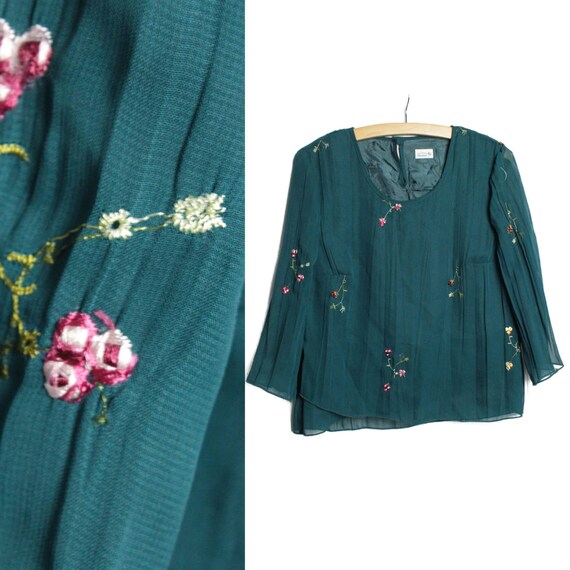 Moss green blouse, Embroidered shirt, Wide sleeve