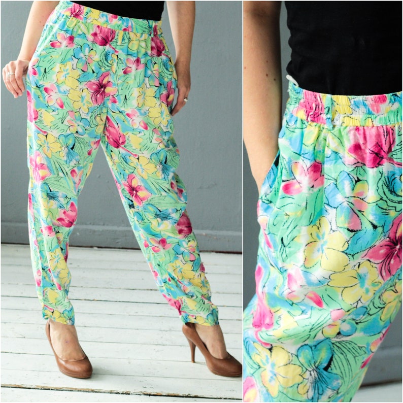 Flower print trousers Floral pants Colorful joggers Size Medium
