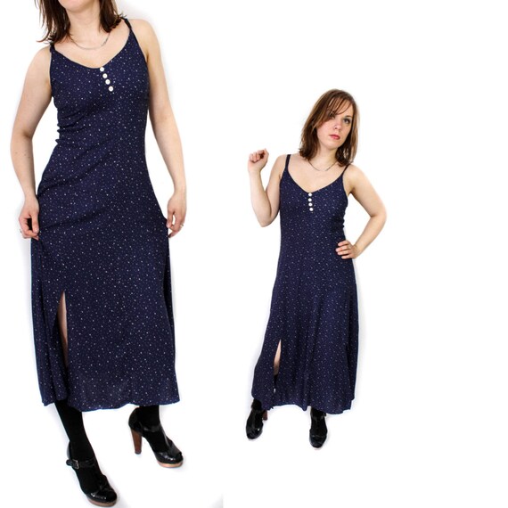 Vintage navy slip dress, Maxi Polka dot Sleeveless