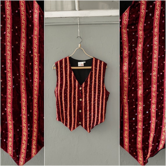 Red velvet vest, Victorian Sequin waistcoat, Strip