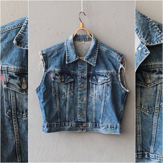Dark wash Denim vest, Vintage Jeans Vest, Disstres