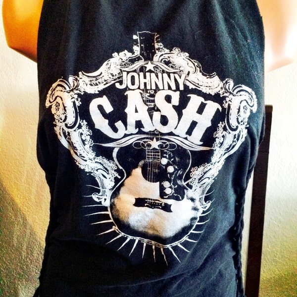 Shredded Distressed and Reconstructed Johnny Cash Tank Top Womens Size Medium