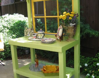 Green Potting Bench with Vintage Window