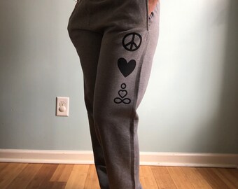 Cozy Grey “peace, love, yoga” Jogger Sweatpants with POCKETS