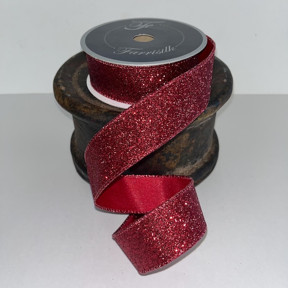 Red Glittered Wire Edge Ribbon, Farrisilk Ribbon, 1 1/2", Christmas Bows, Valentines Day, Wedding Decor, Christmas Wreaths, Wreath Ribbon