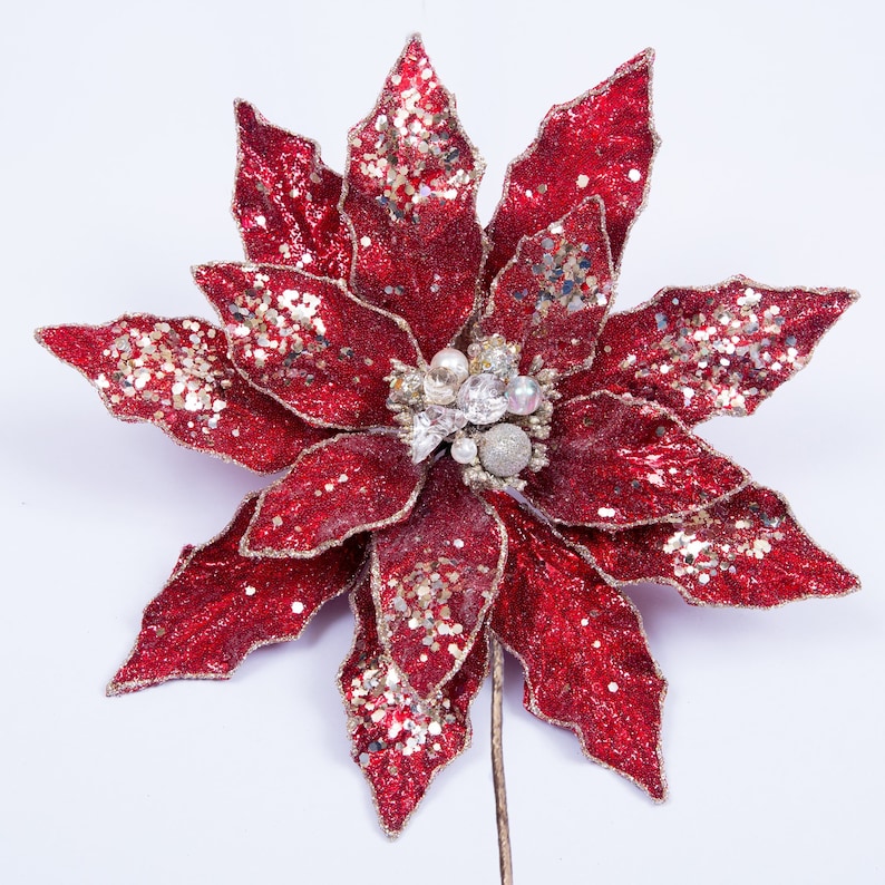 Beaded Jeweled Glittered Red Christmas Poinsettia Clip